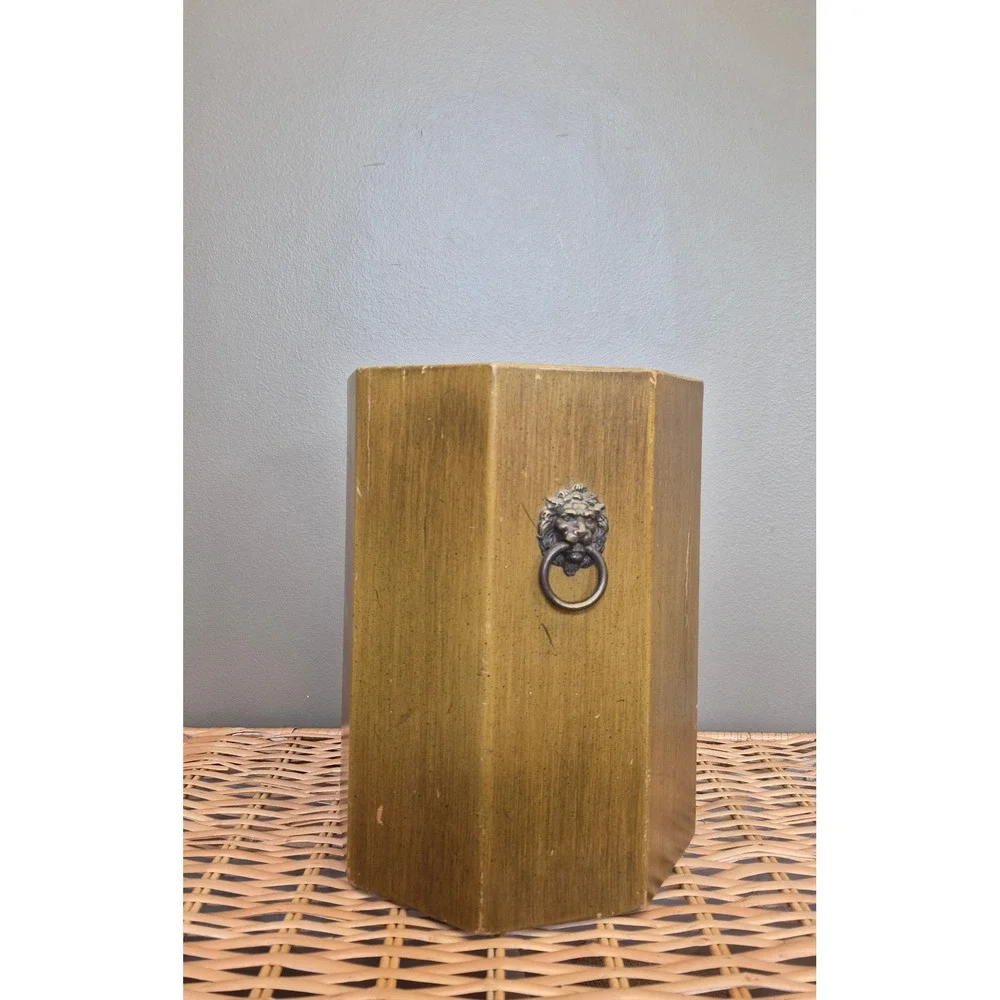 Vintage Hollywood Regency Wood Wastebasket Lion Head Trash Can Umbrella Stand